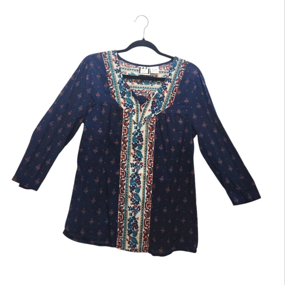 Take Two Clothing Co. Cotton Boho Peasant 3/4 Sleeve Navy Red Pullover Blouse L